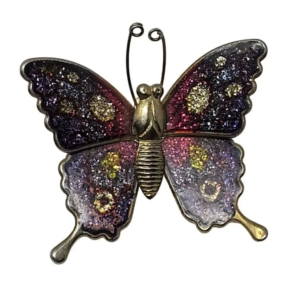 Vintage Gold Tone Purple Sparkle Confetti Enamel Butterfly Brooch‎ Pin Pendant